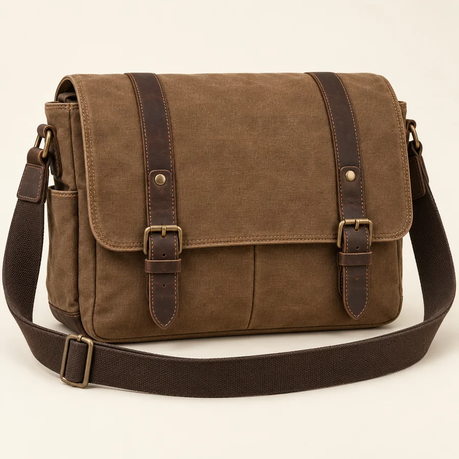 Bolso mensajero de lona marrón · Hombre