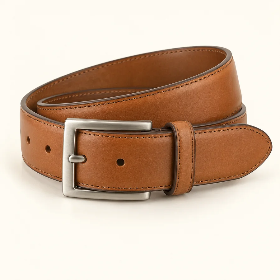 Cinturón camel de hebilla plateada · Hombre