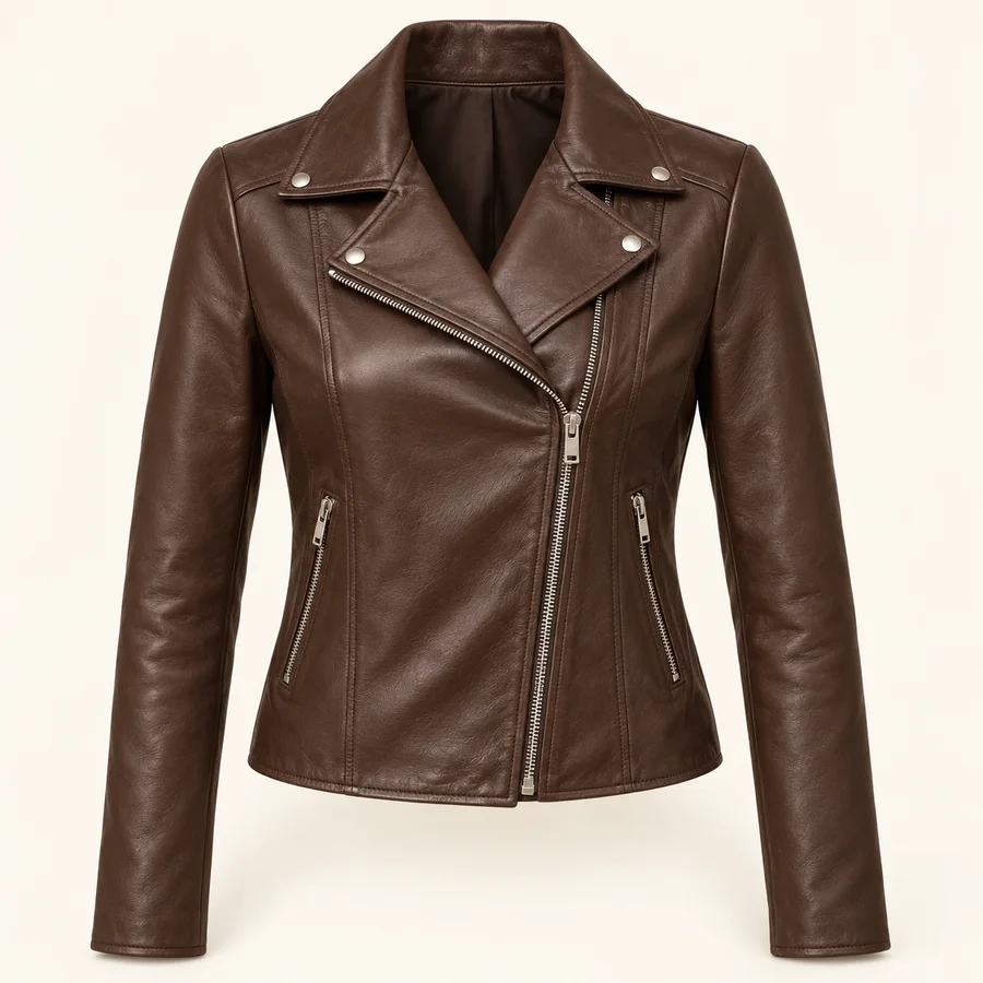Chaqueta biker de cuero marrón · Mujer