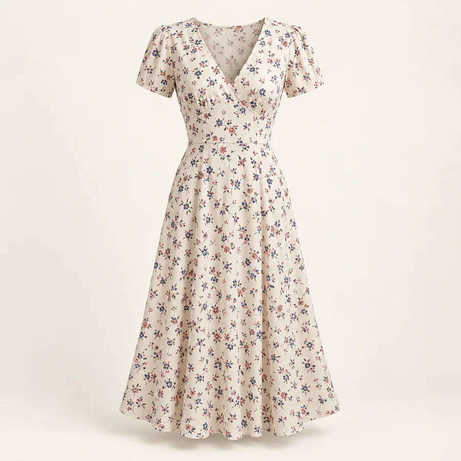 Vestido midi crema con flores · Mujer