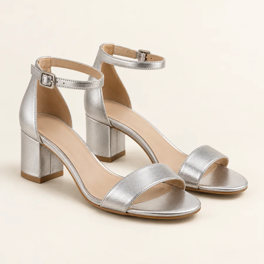 Sandalias plateadas de tacón ancho · Mujer